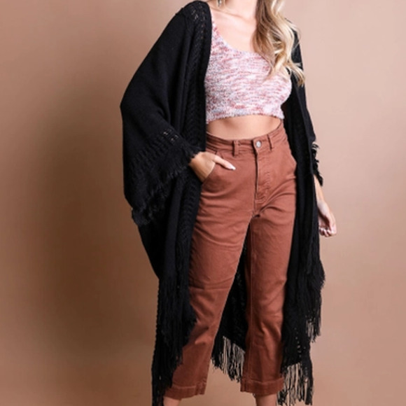 Leto Accessories Accessories - Black Open Work Frayed Border Bohemian Ruana Wrap Shawl
